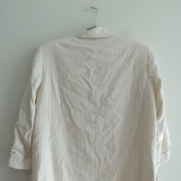 ZARA Linen Blend Neutral Oatmeal Stripe Roll Tab Sleeve Blazer Preppy - Size M - Picture 10 of 12